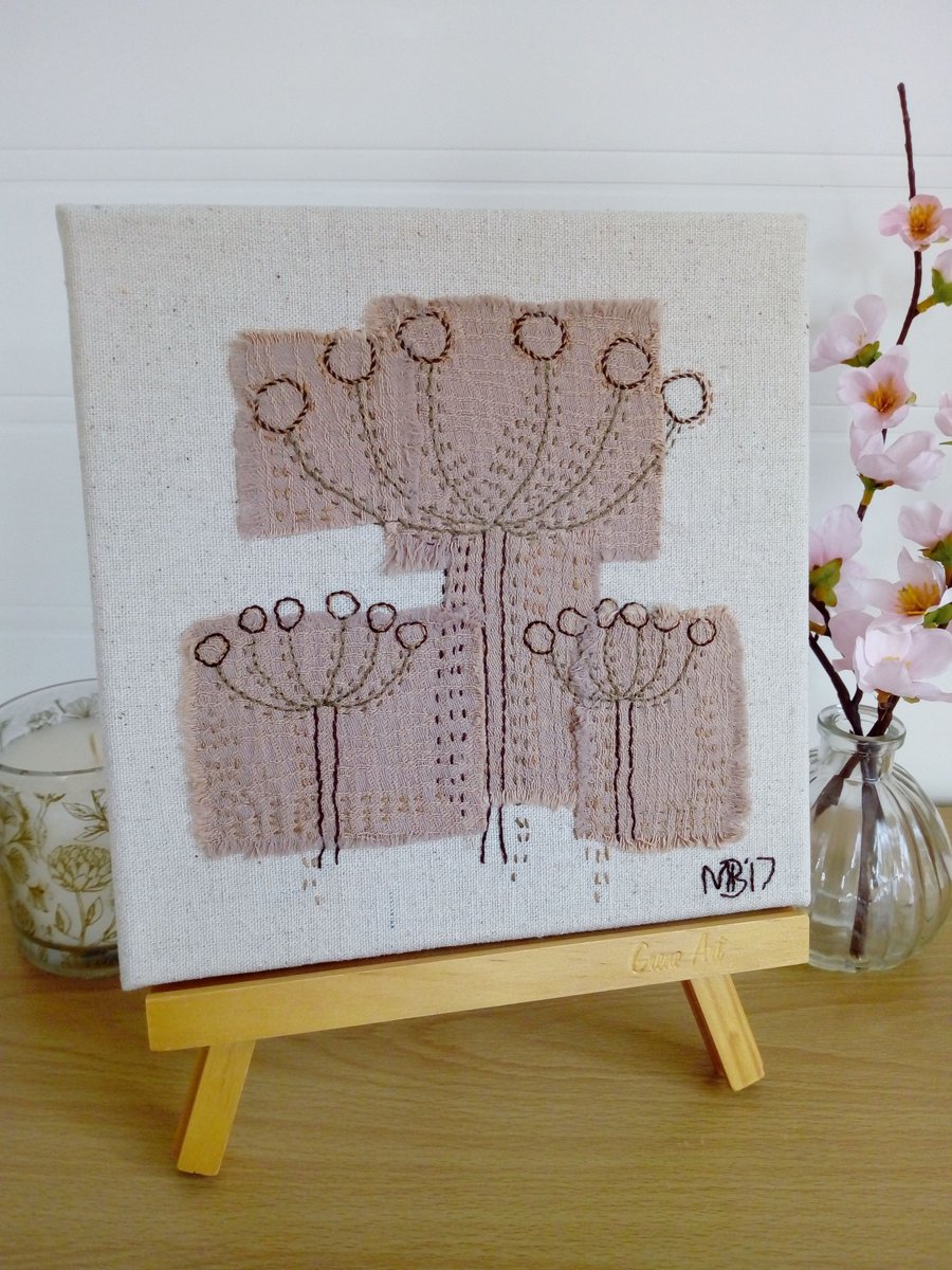 Seed Head Trio Textile Art, Hand Embroidered Collage, Canvas, Home, Wall Art, 