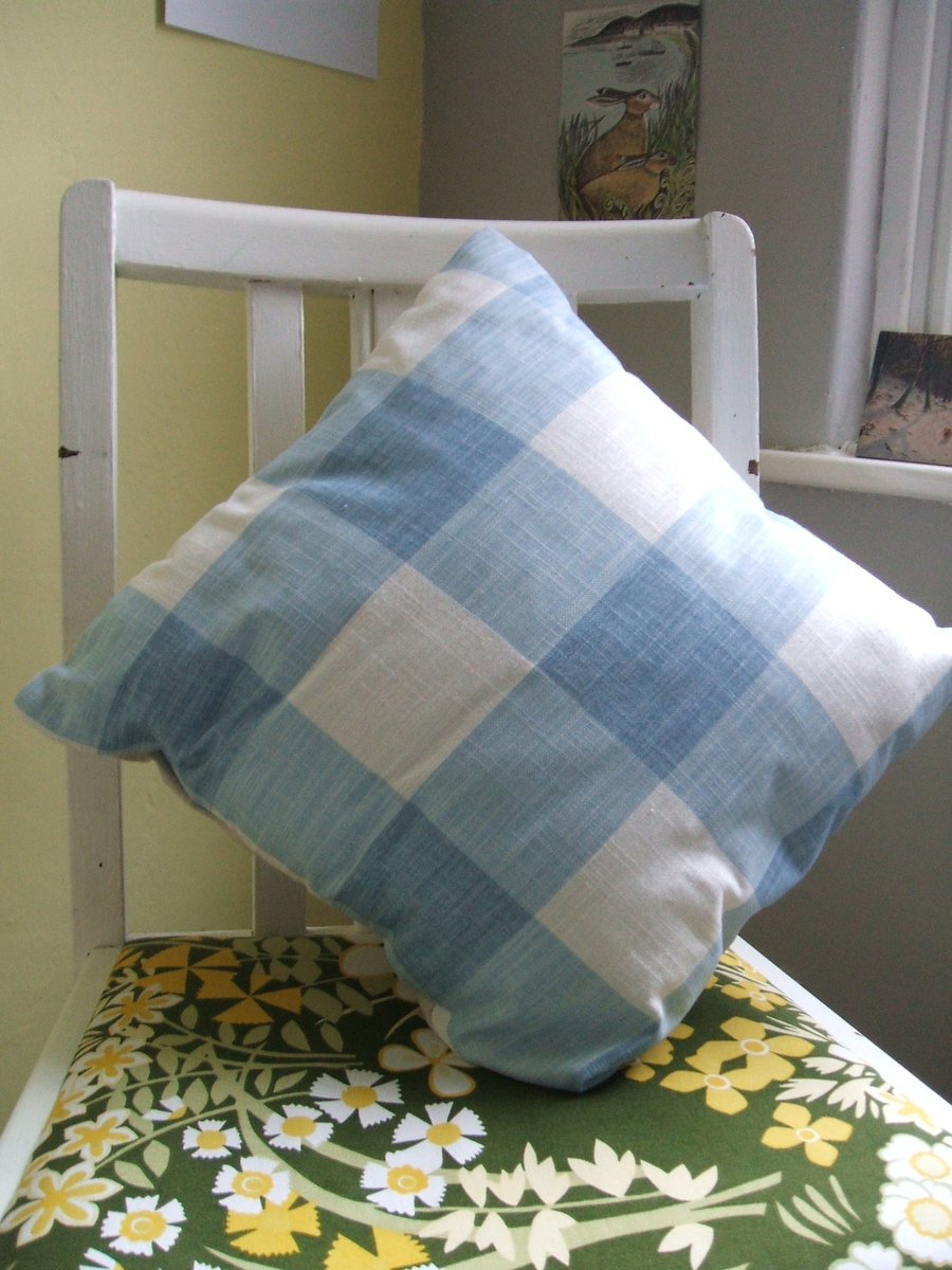 Handmade fabric cushion - blue and white check