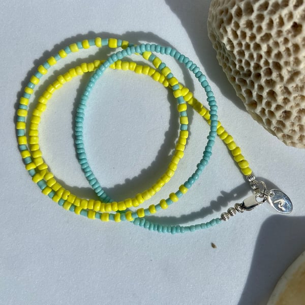 Pastel Yellow & Turquoise Triple Wrap Bead Bracelet with Sterling Silver Detail