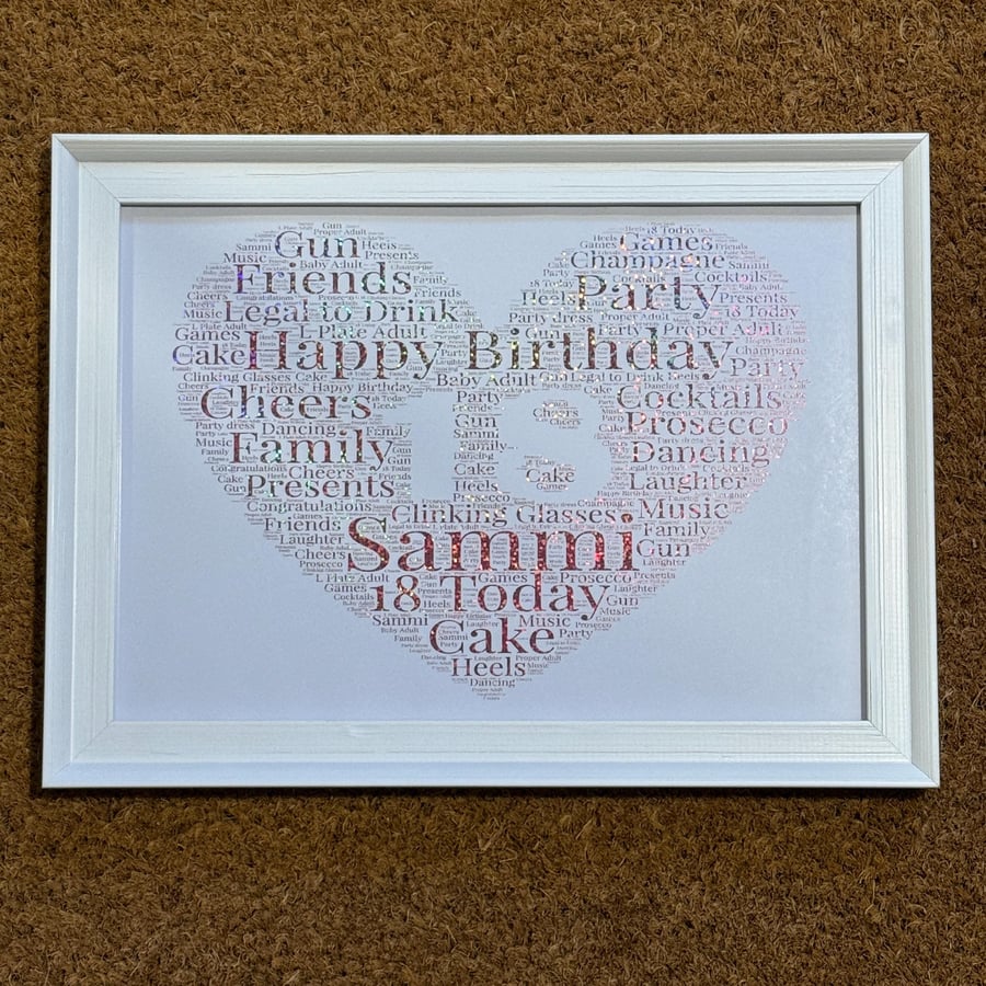 18th Birthday Typography Foiled Heart Print - Personalised A4 Framed Print
