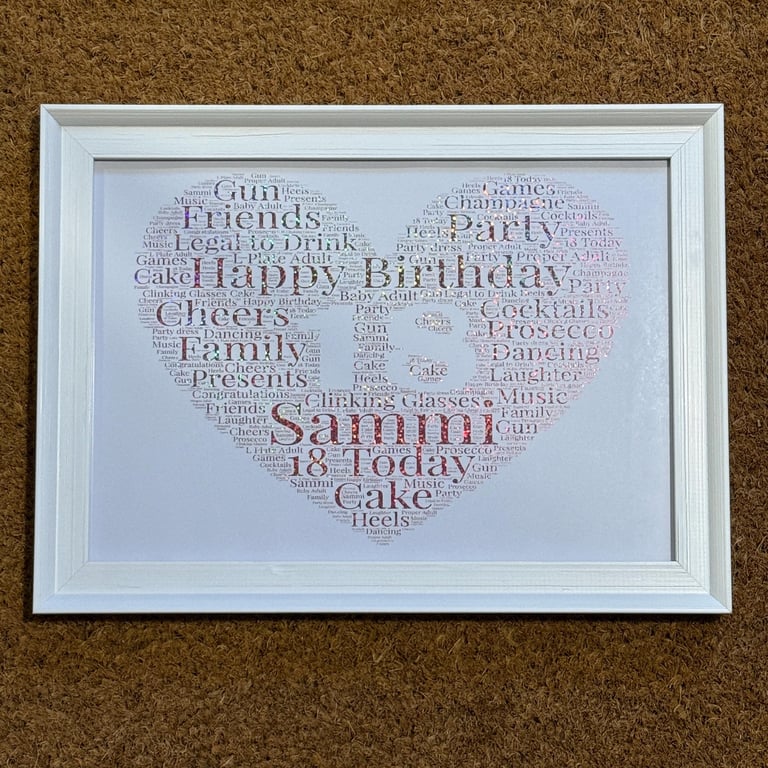 18th Birthday Typography Foiled Heart Print - Personalised A4 Framed Print