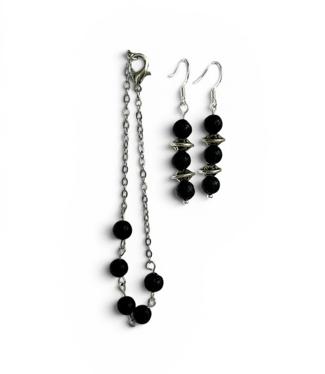 Lava stone bracelet and earrings - jewellery set - volcanic rock