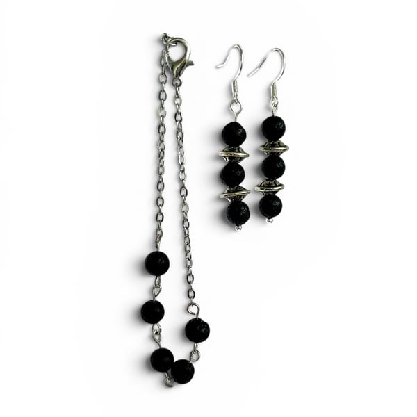 Lava stone bracelet and earrings - jewellery set - volcanic rock
