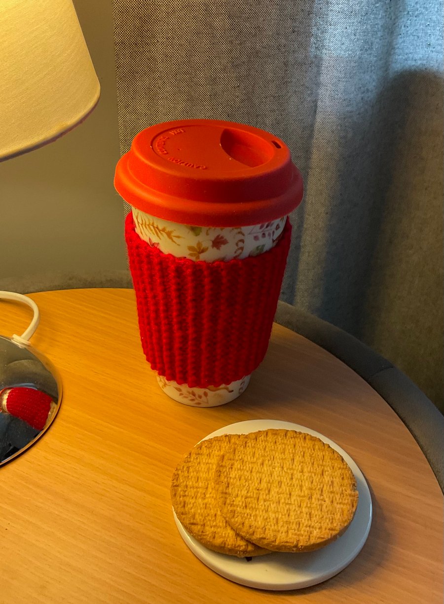 Reusable Cup Cosy Coffee Cup Sleeve Hand knitted in red 