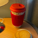 Reusable Cup Cosy Coffee Cup Sleeve Hand knitted in red 