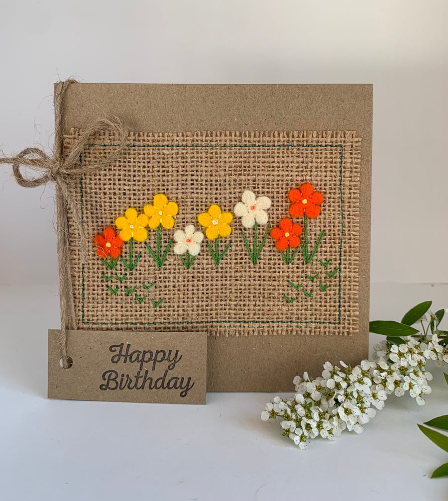 Birthday card. Row of bright coloured flowers. Wool felt. Handmade Card.