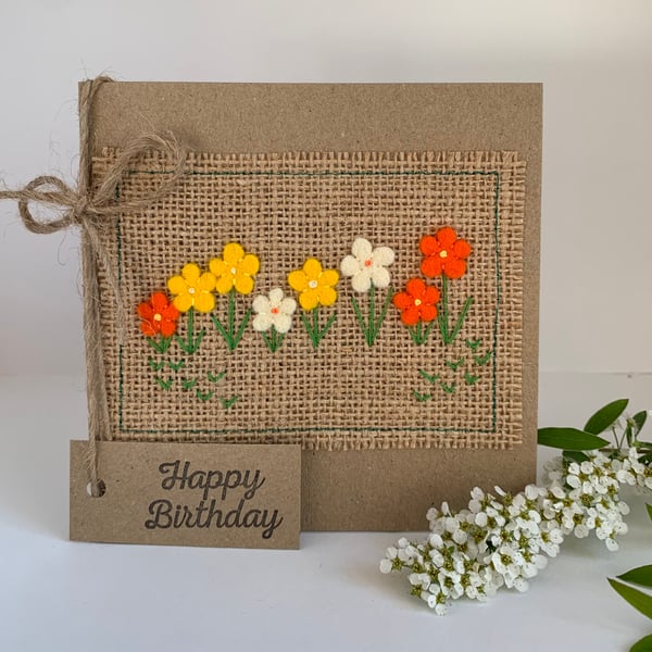 Birthday card. Row of bright coloured flowers. Wool felt. Handmade Card.