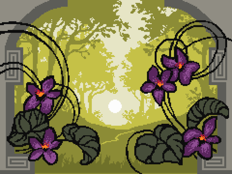 014 Cross Stitch Vintage 1920s Art Deco Violet Flower Gate in the wood Sunrise