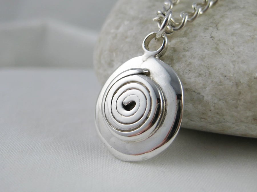 Hand Forged Chunky Sterling Silver Spiral Pebble Pendant Necklace 