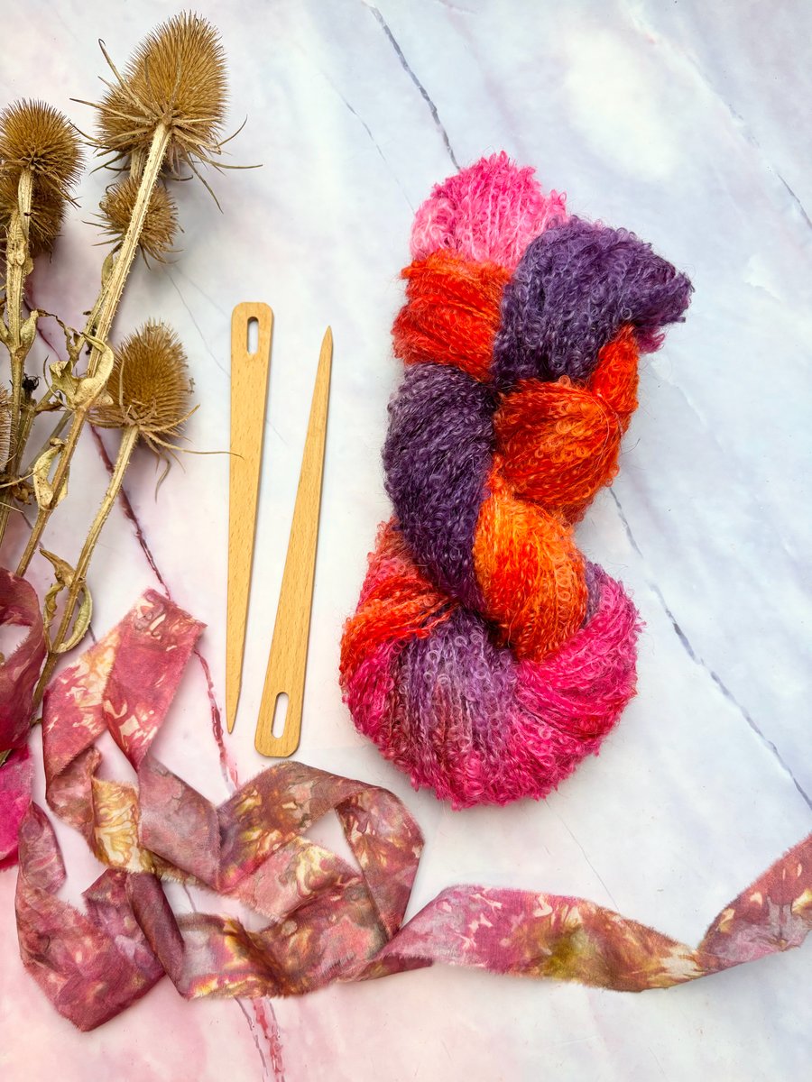 125g Hand Dyed Mohair Angora Boucle Yarn, Orange Pink Yarn Weaving Knitting 134