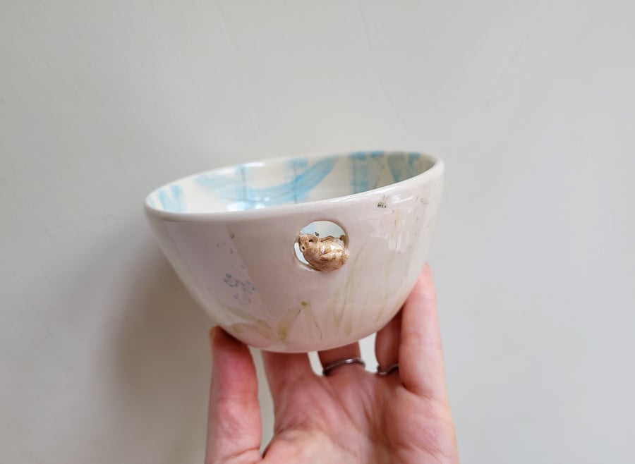 Ceramic brown bear and bowl with hand painted blue gingham and wild flowers