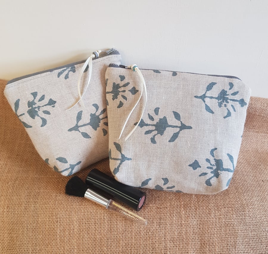 Fabric teal and natural linen zipped pouch or makeup bag: teal lining 