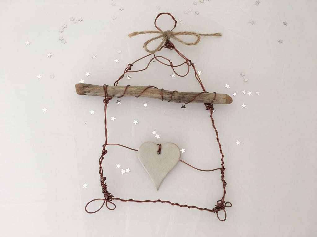 Wire art sculpture, pottery, driftwood and wire art, home decor