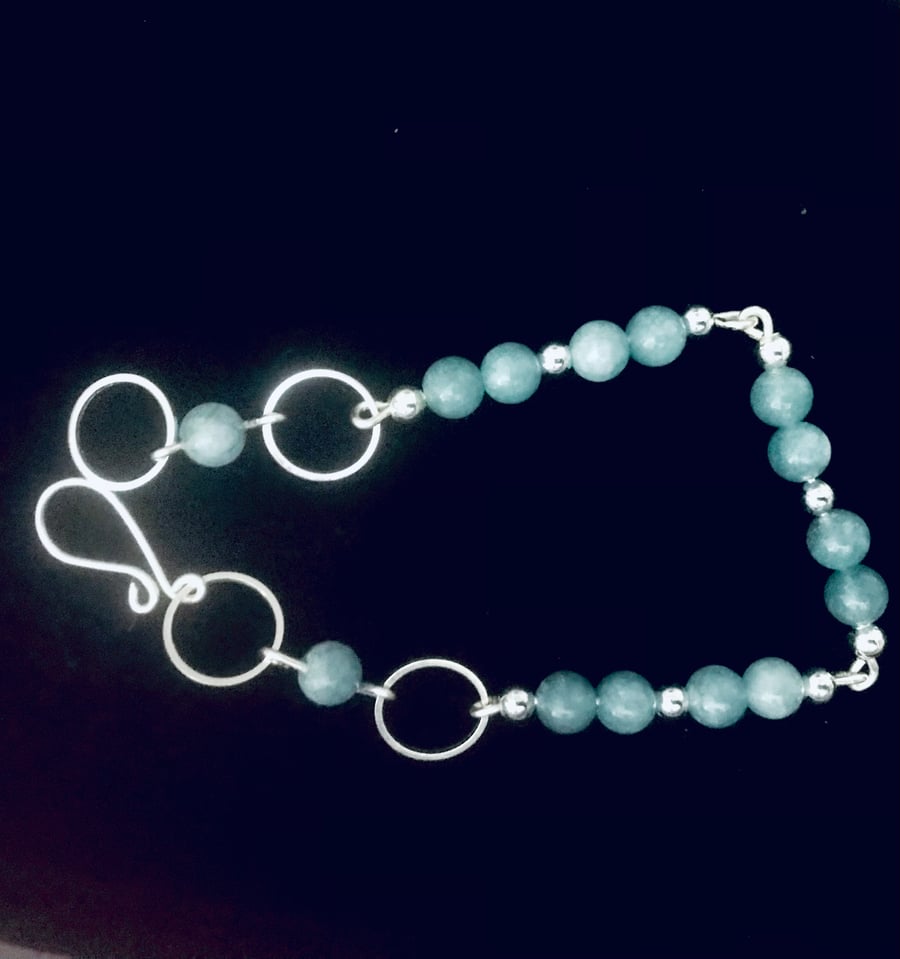 Semi Precious Aventurine Beaded Silver Bracelet - 8”