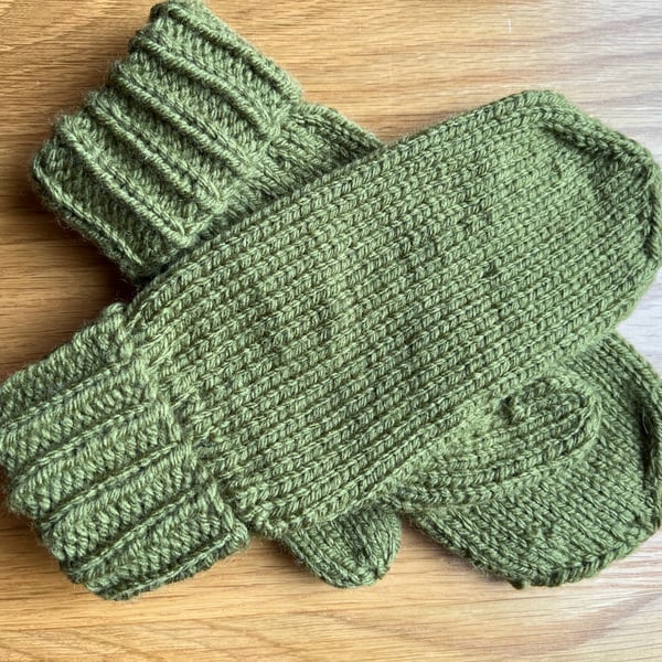 HAND KNITTED CHUNKY WOOL BLEND WINTER MITTS WITH MATCHING ITEMS , SAGE GREEN 