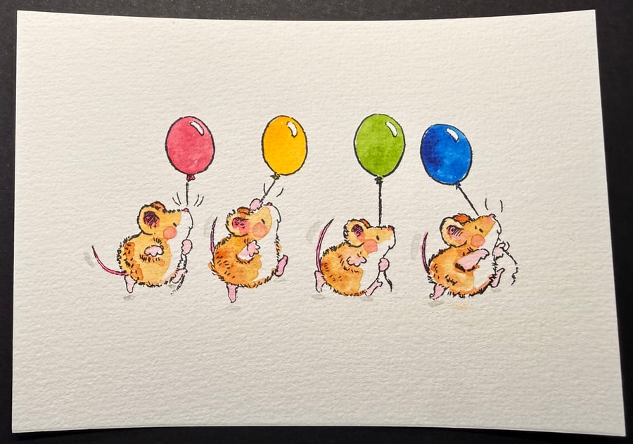 Hand watercoloured card topper from Penny Black stamp - mice with balloons