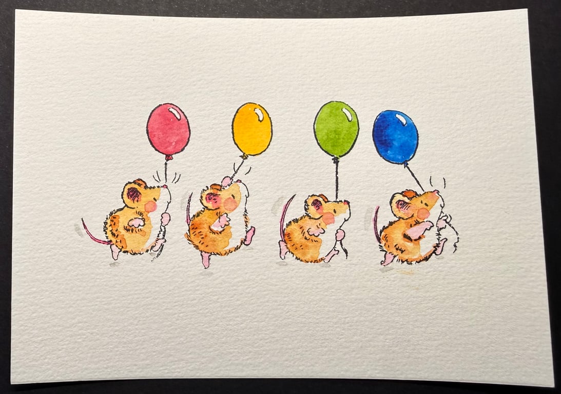 Hand watercoloured card topper from Penny Black stamp - mice with balloons