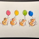Hand watercoloured card topper from Penny Black stamp - mice with balloons