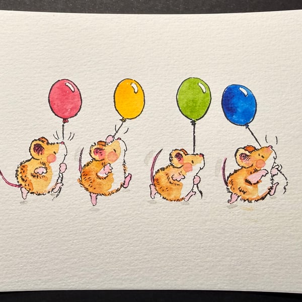 Hand watercoloured card topper from Penny Black stamp - mice with balloons