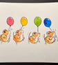 Hand watercoloured card topper from Penny Black stamp - mice with balloons