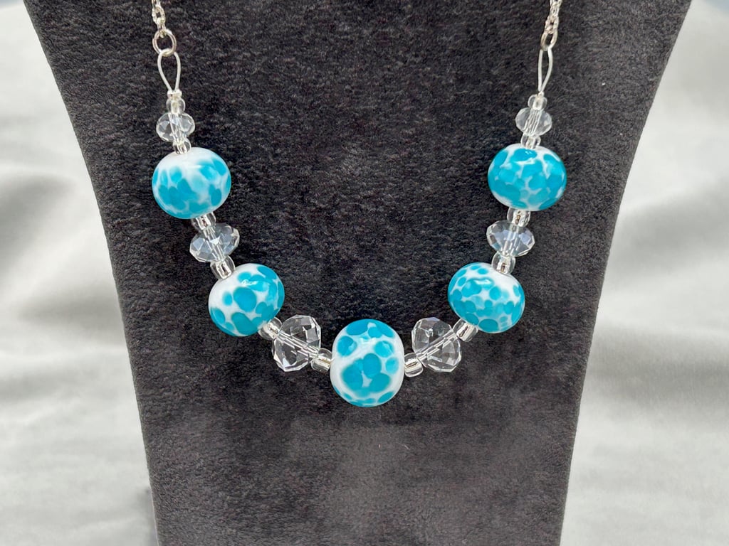 white and turquoise spotted lampwork glass beaded necklace