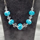 white and turquoise spotted lampwork glass beaded necklace