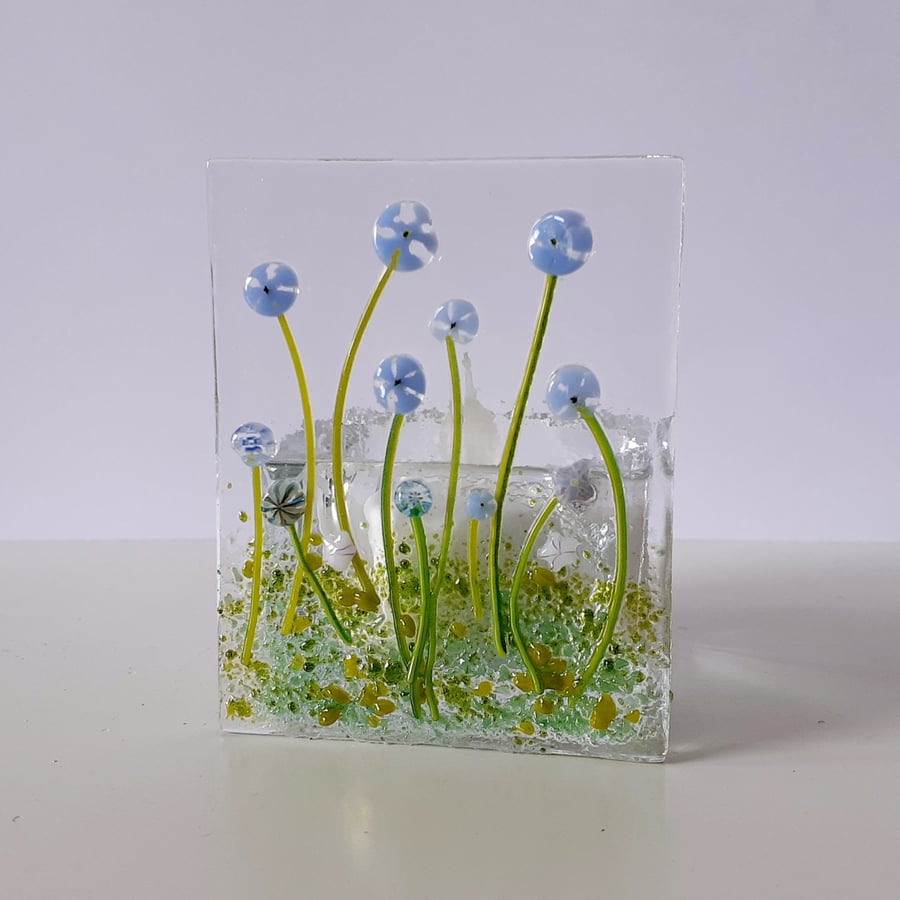 Fused glass tealight candle holder panel, forget-me-nots