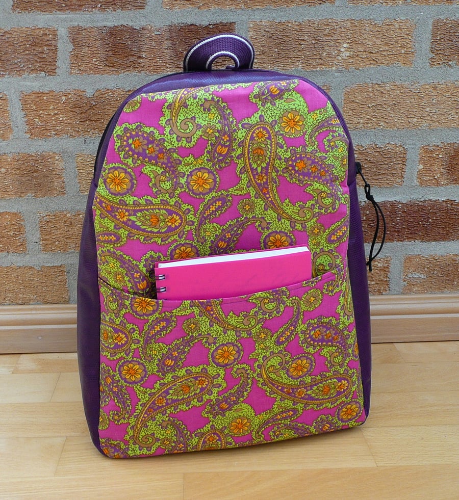 Purple vinyl backpack green pink purple paisley cotton rucksack