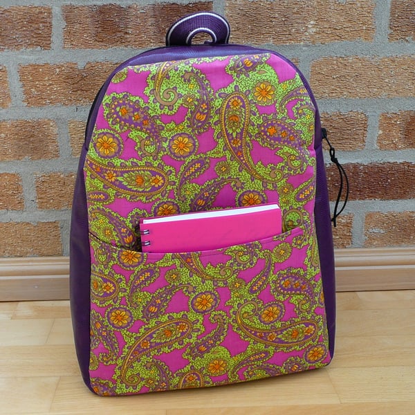 Purple vinyl backpack green pink purple paisley cotton rucksack
