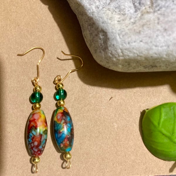 Gold earrings with Harlequin Beads - Dangle, Drop, Freepost