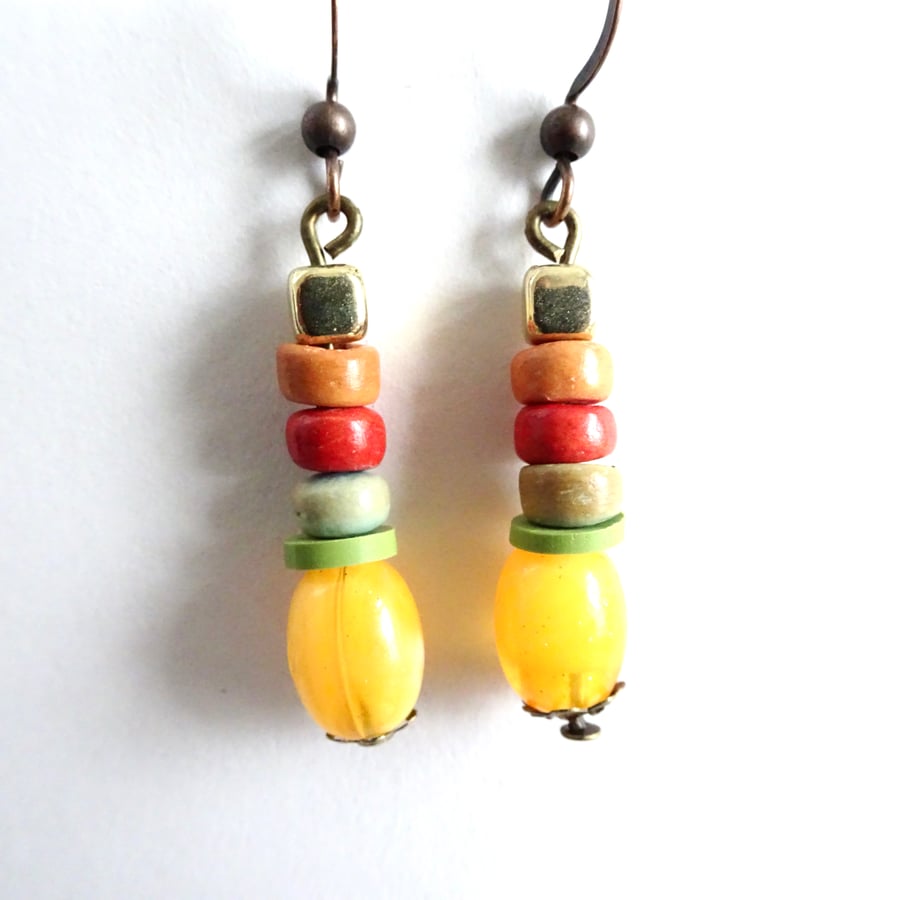 Summer fun warm yellow, greens, reds and orange bead dangle boho style earrings
