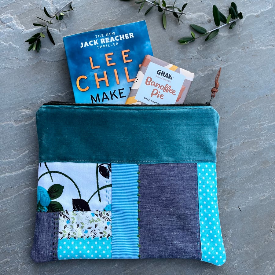 Book pouch patchwork zip bag with waste materials green needlecord embroidered