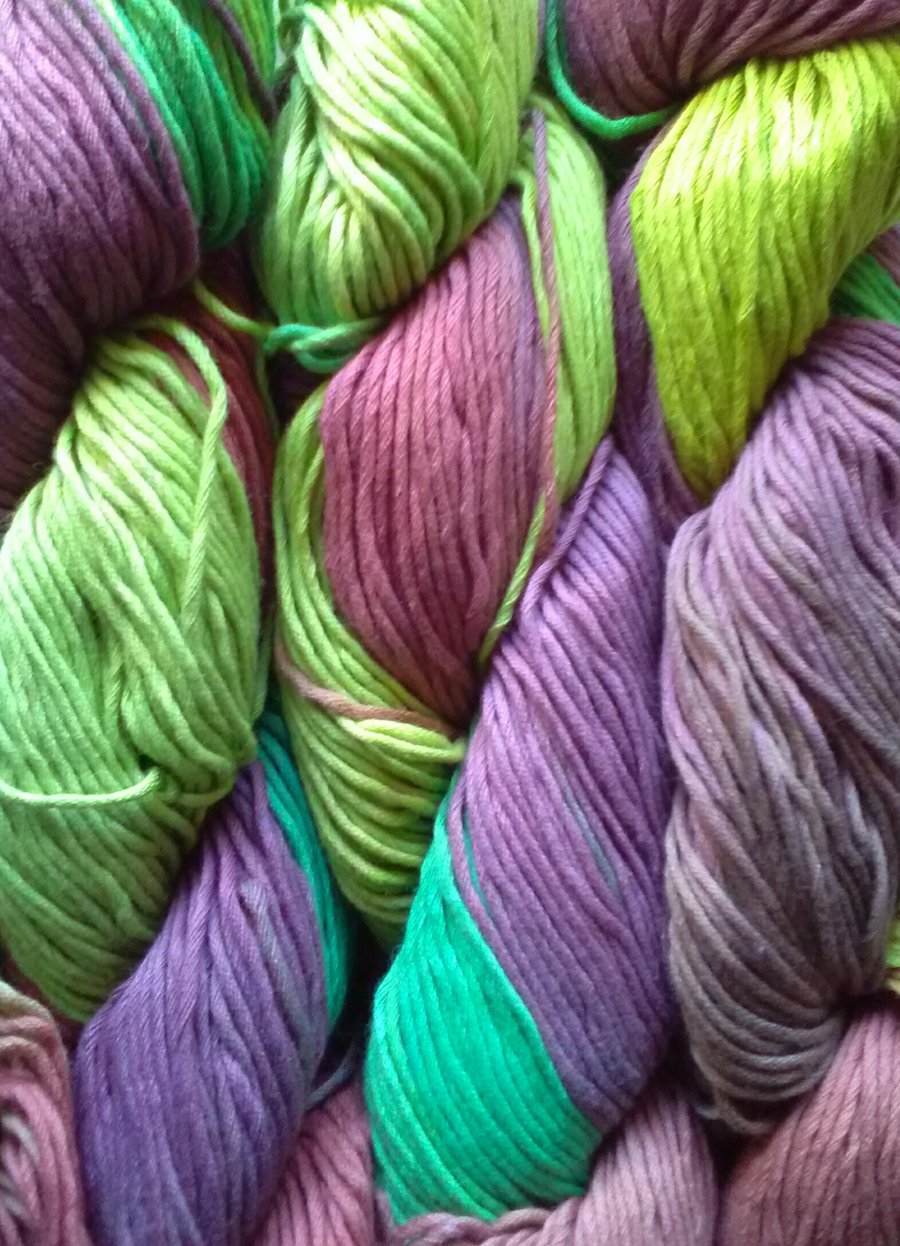 100g ARAUCANIA ULMO DK Hand dyed 100% Cotton multi greens purple