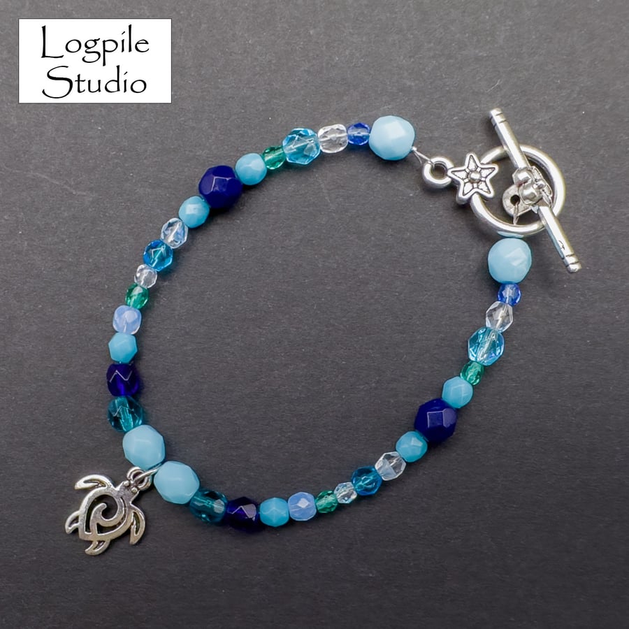 Turtle Charm Blue Mix Bead Bracelet - Folksy
