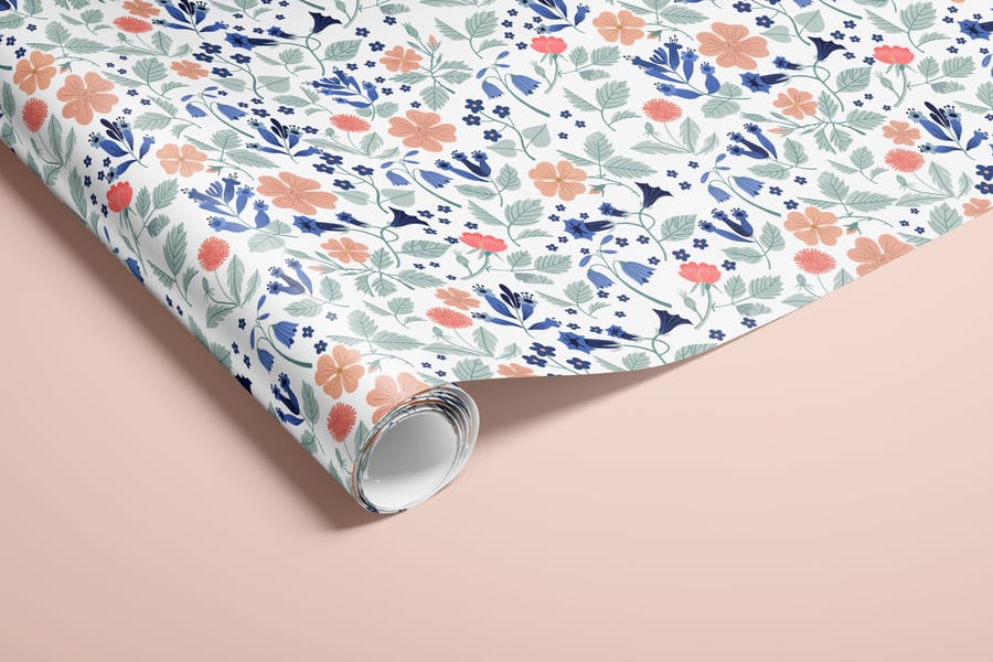 Dainty Peach Florals Wrapping Paper FSC 50x70cm 3 Sheets or Roll