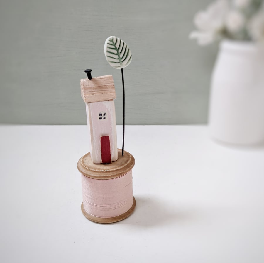 Wooden House on a Vintage Bobbin with Clay Tree 