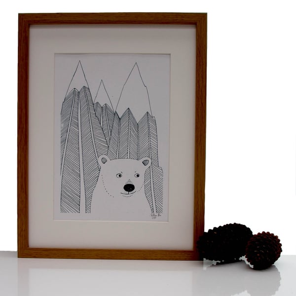 Art print 'Polar bear with mountains' Screen print SALE NOW HALF PRICE