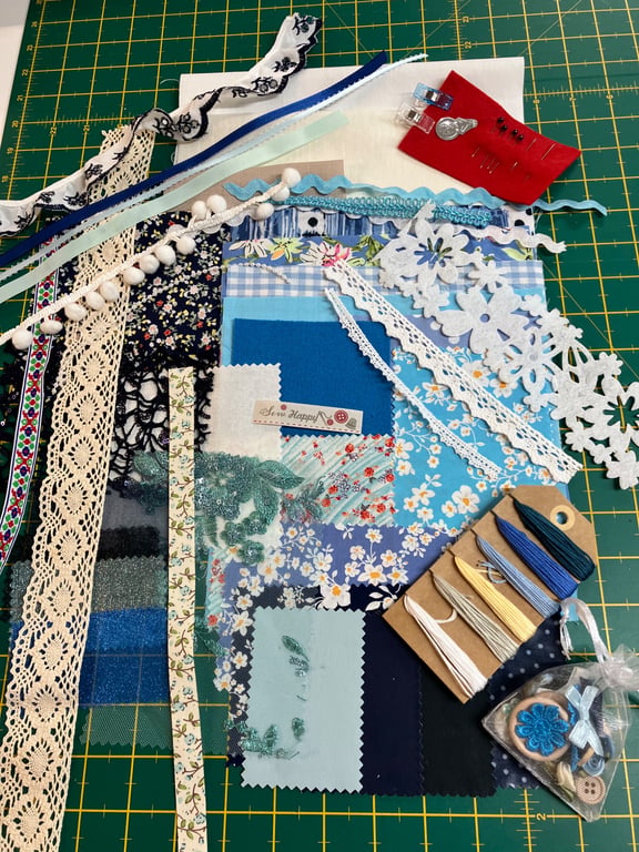 Slow Stitching kit, mix textiles, fabric and trims, Blues