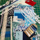Slow Stitching kit, mix textiles, fabric and trims, Blues