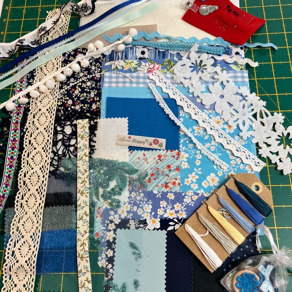 Slow Stitching kit, mix textiles, fabric and trims, Blues