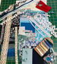 Slow Stitching kit, mix textiles, fabric and trims, Blues