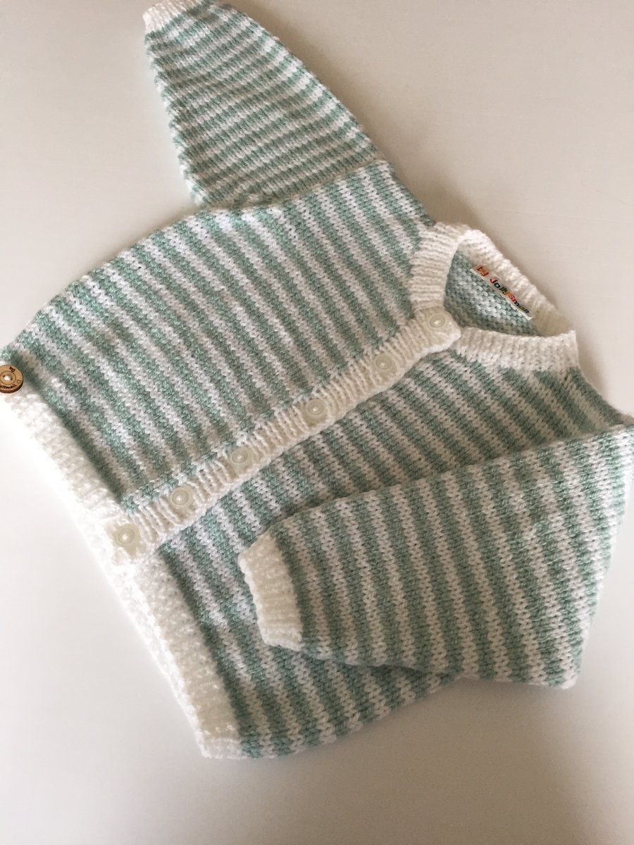 Baby Cardigan - green and white striped 6 -12mths