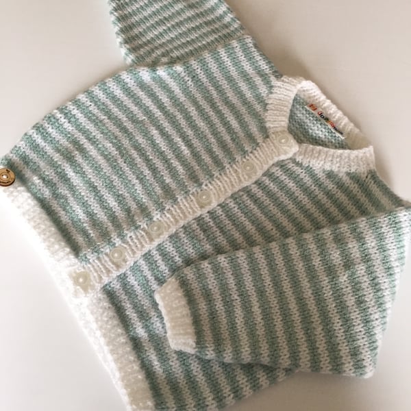 Baby Cardigan - green and white striped 6 -12mths