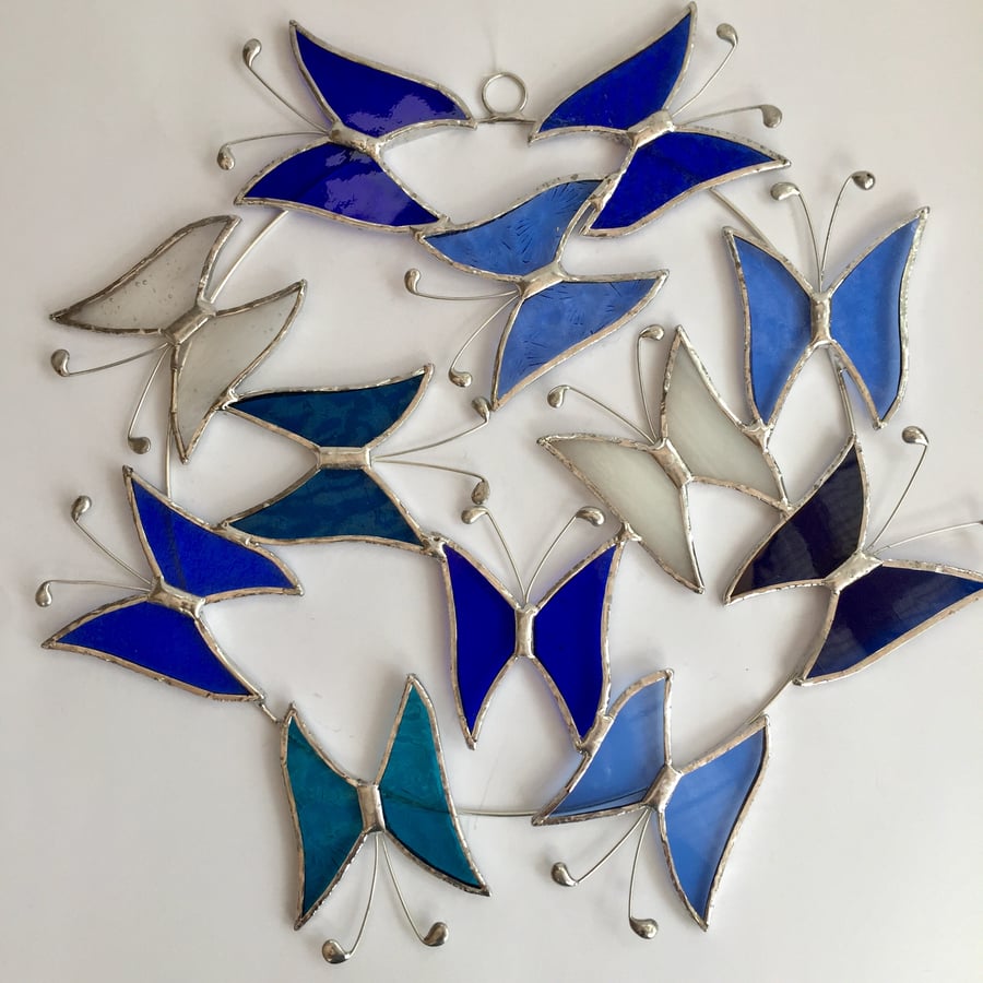 Large Butterfly Circle  Suncatcher - Handmade Hanging Decoration Blue and Turq