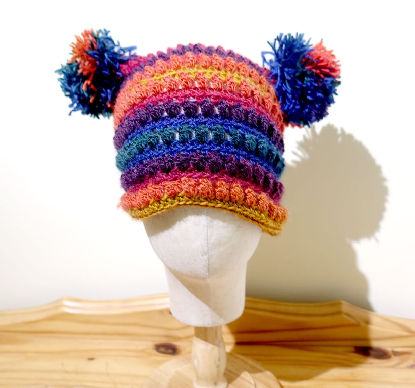 Double Pom Pom Bear Ears Hand Crochet Hat  Acrylic Yarn