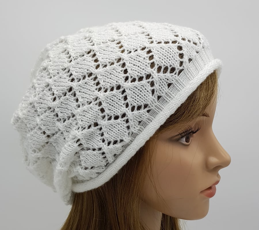 Handmade white lace hat for women, lightweight acrylic lace beret