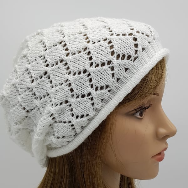 Handmade white lace hat for women, lightweight acrylic lace beret