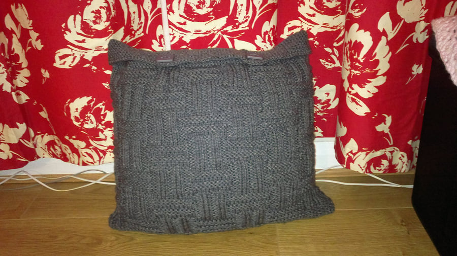 Made to order -  knitted cushion ( complete) Hand knitted -Slate grey 