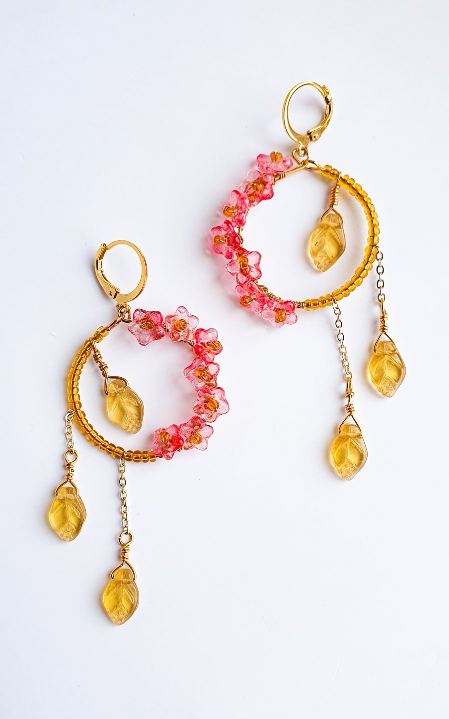 Beaded hoop floral earrings with yellow leaves - upcycled hoop earrings 