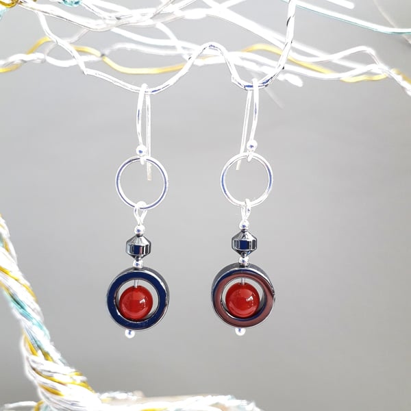 Carnelian Hematite Sterling Silver gemstone Drop Earrings